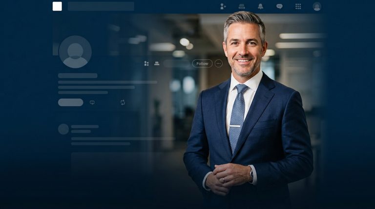 Directivo B2B con perfil de LinkedIn visible al fondo